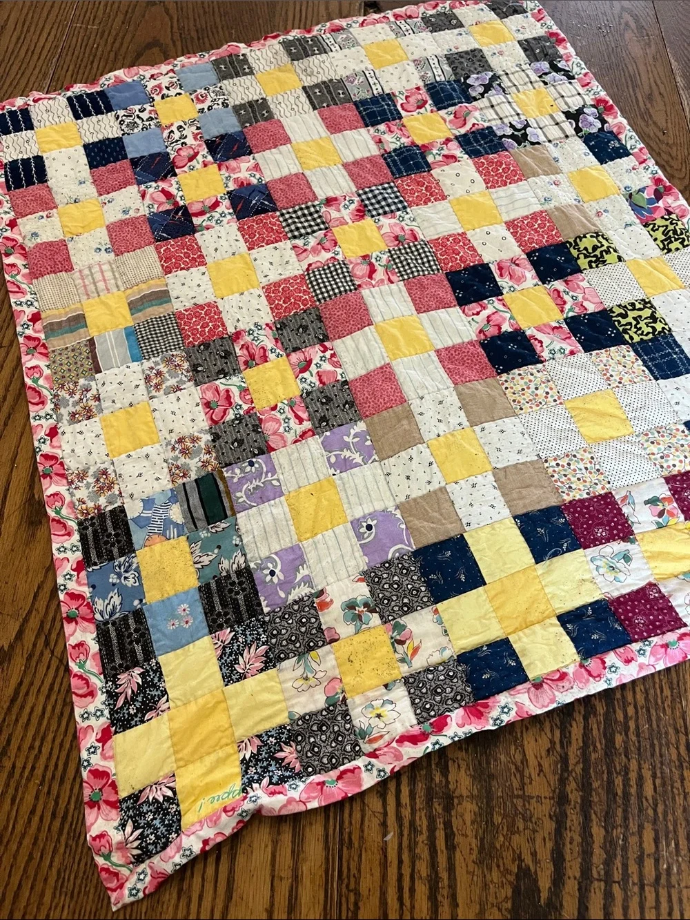 Vintage hand stitched mini Patchwork Cotton Quilt - Yellow, Pink, Blue Multi